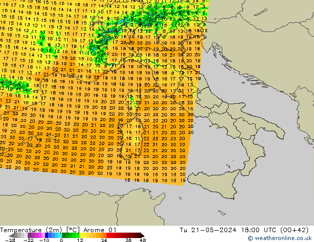 Temperatura (2m) Arome 01 mar 21.05.2024 18 UTC