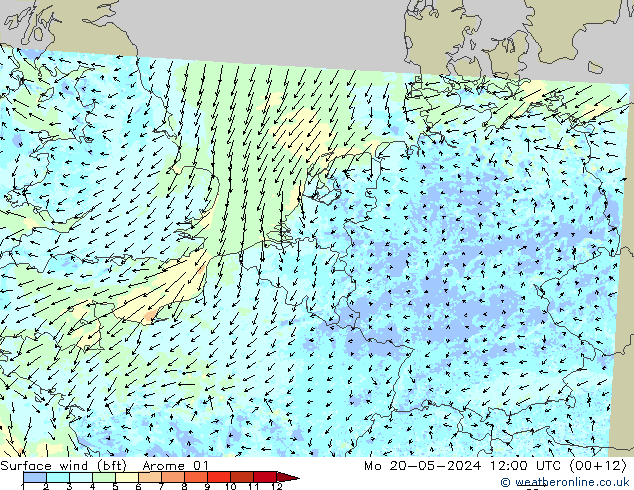 Wind 10 m (bft) Arome 01 ma 20.05.2024 12 UTC
