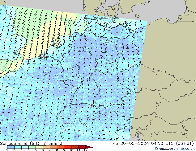 Surface wind (bft) Arome 01 Po 20.05.2024 04 UTC
