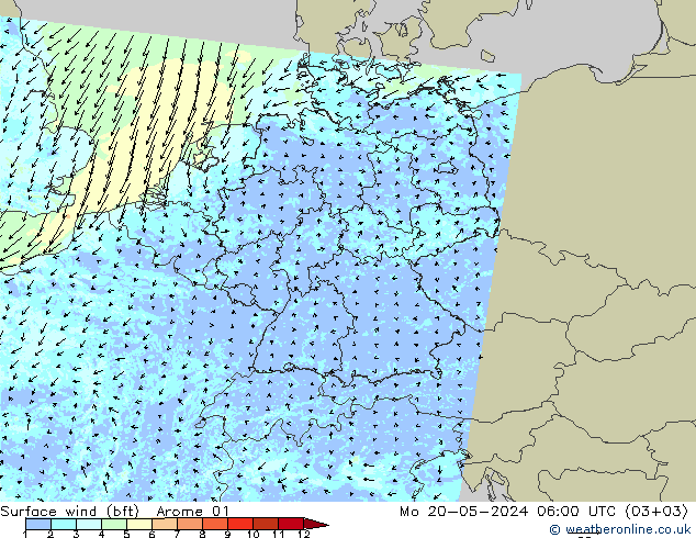 Surface wind (bft) Arome 01 Mo 20.05.2024 06 UTC
