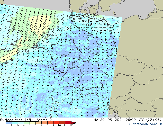 Bodenwind (bft) Arome 01 Mo 20.05.2024 09 UTC