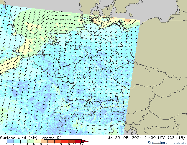 Wind 10 m (bft) Arome 01 ma 20.05.2024 21 UTC
