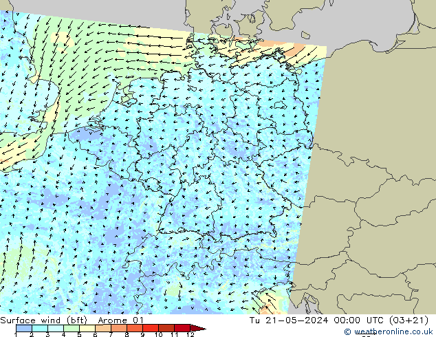 wiatr 10 m (bft) Arome 01 wto. 21.05.2024 00 UTC