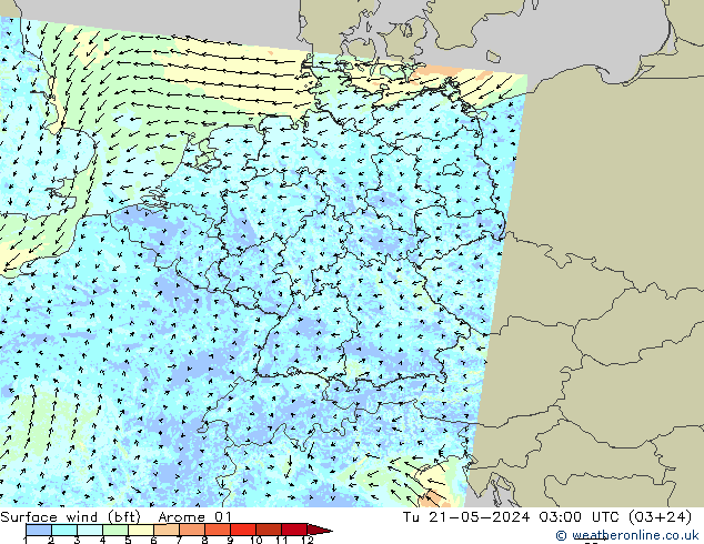 Surface wind (bft) Arome 01 Út 21.05.2024 03 UTC