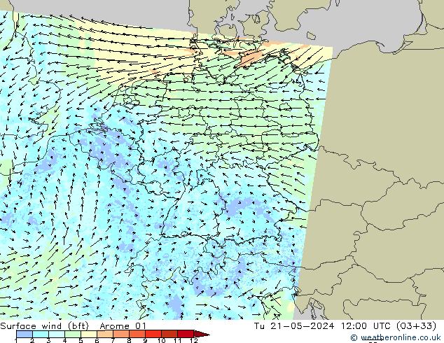 Vent 10 m (bft) Arome 01 mar 21.05.2024 12 UTC