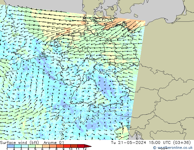 Vent 10 m (bft) Arome 01 mar 21.05.2024 15 UTC