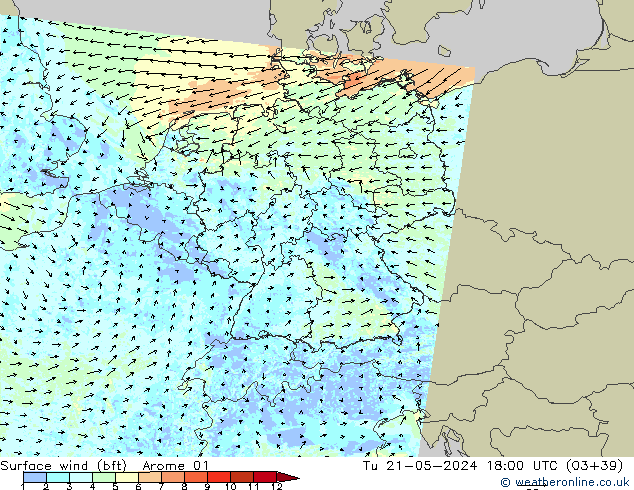 wiatr 10 m (bft) Arome 01 wto. 21.05.2024 18 UTC