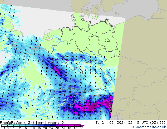 Precipitation (12h) Arome 01 Tu 21.05.2024 15 UTC