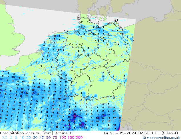 Precipitation accum. Arome 01 mar 21.05.2024 03 UTC