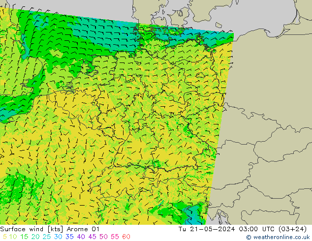 Vento 10 m Arome 01 mar 21.05.2024 03 UTC