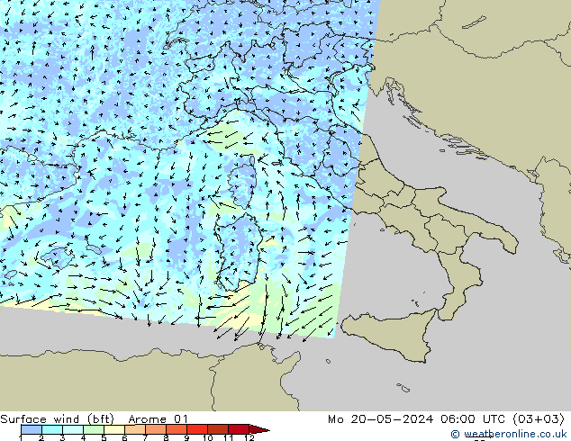 Surface wind (bft) Arome 01 Mo 20.05.2024 06 UTC