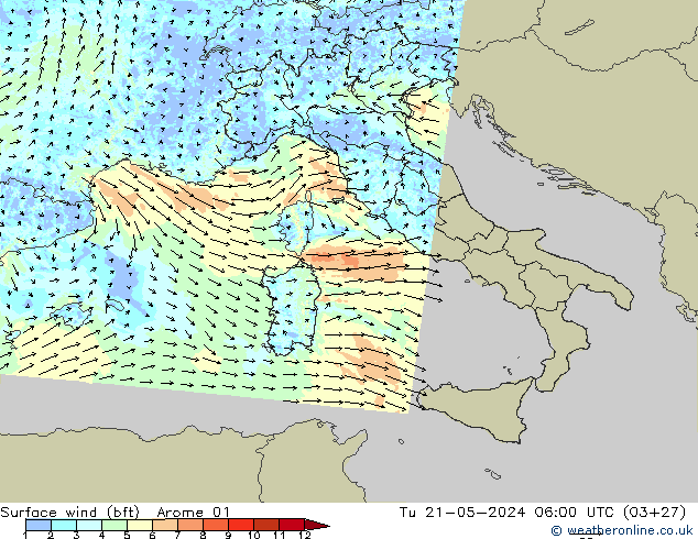 Surface wind (bft) Arome 01 Tu 21.05.2024 06 UTC