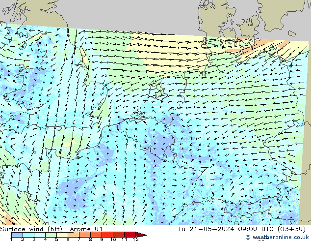 Surface wind (bft) Arome 01 Tu 21.05.2024 09 UTC