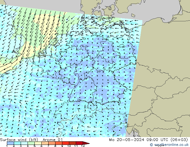Surface wind (bft) Arome 01 Mo 20.05.2024 09 UTC