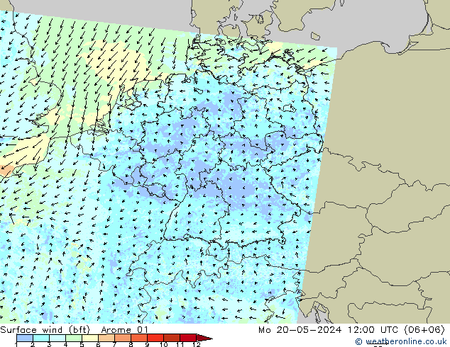 wiatr 10 m (bft) Arome 01 pon. 20.05.2024 12 UTC