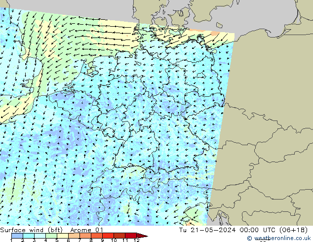 Vent 10 m (bft) Arome 01 mar 21.05.2024 00 UTC