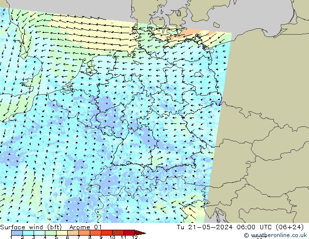 Surface wind (bft) Arome 01 Út 21.05.2024 06 UTC