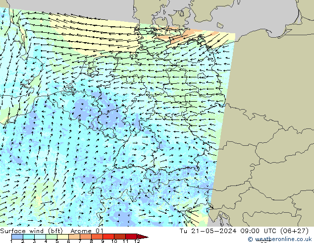 Vento 10 m (bft) Arome 01 mar 21.05.2024 09 UTC