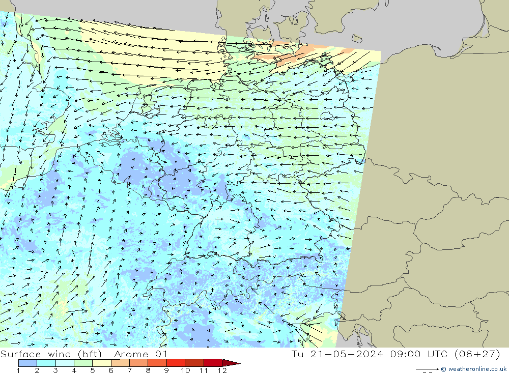 Surface wind (bft) Arome 01 Út 21.05.2024 09 UTC