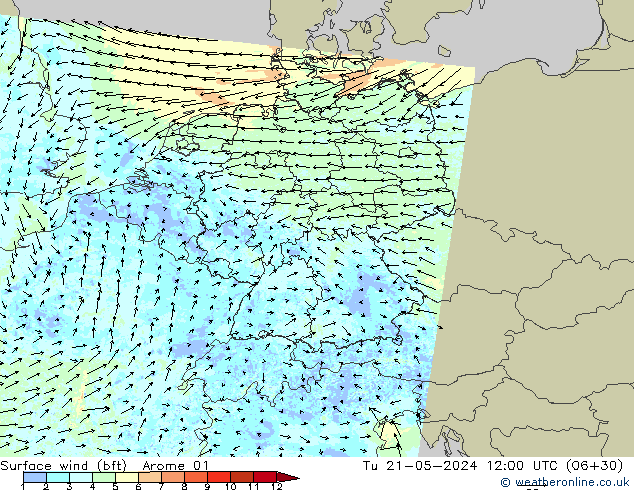 Vent 10 m (bft) Arome 01 mar 21.05.2024 12 UTC