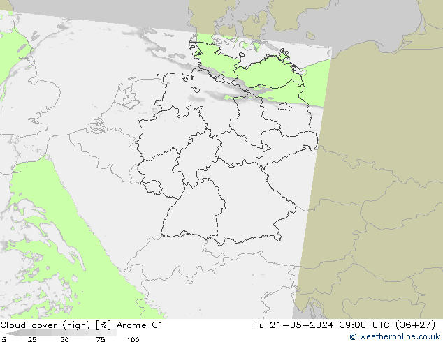 Cloud cover (high) Arome 01 Tu 21.05.2024 09 UTC