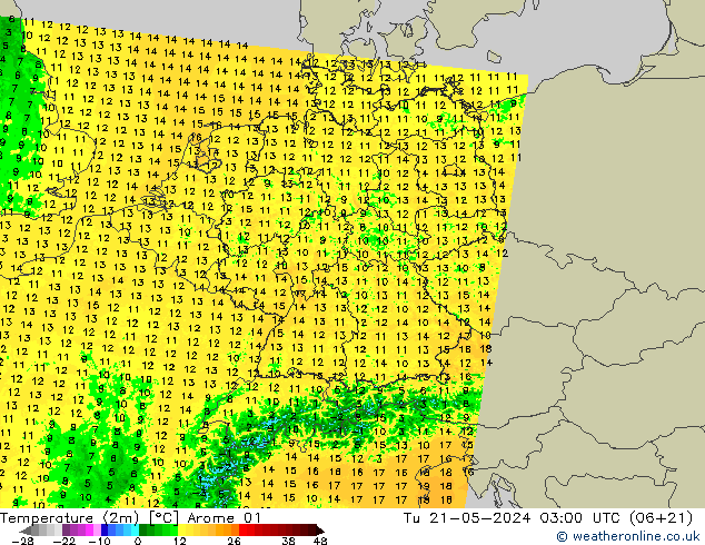 Temperatuurkaart (2m) Arome 01 di 21.05.2024 03 UTC