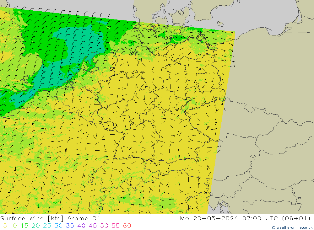 Vent 10 m Arome 01 lun 20.05.2024 07 UTC