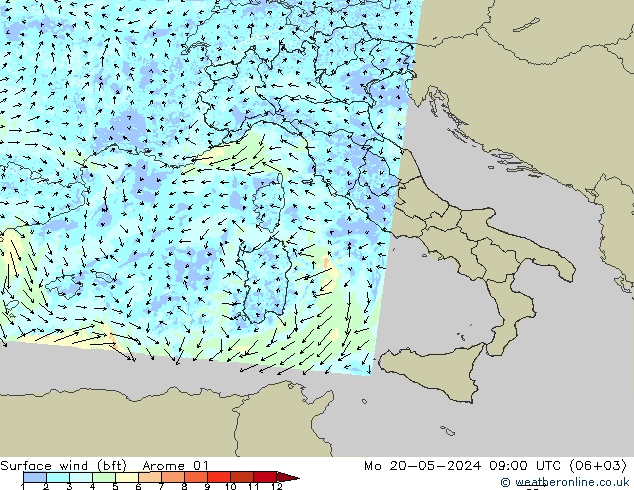 Surface wind (bft) Arome 01 Mo 20.05.2024 09 UTC