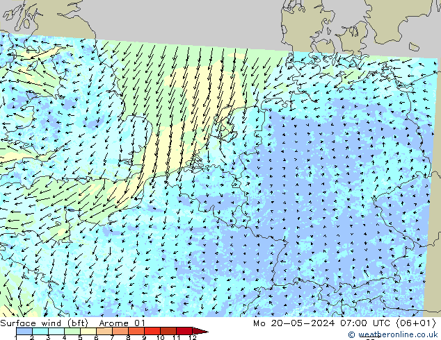 wiatr 10 m (bft) Arome 01 pon. 20.05.2024 07 UTC