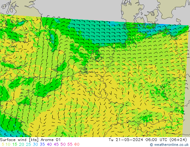 ветер 10 m Arome 01 вт 21.05.2024 06 UTC
