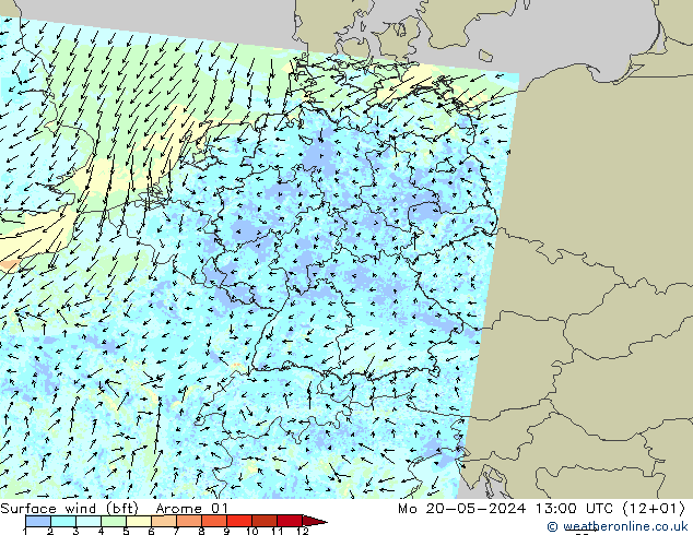wiatr 10 m (bft) Arome 01 pon. 20.05.2024 13 UTC