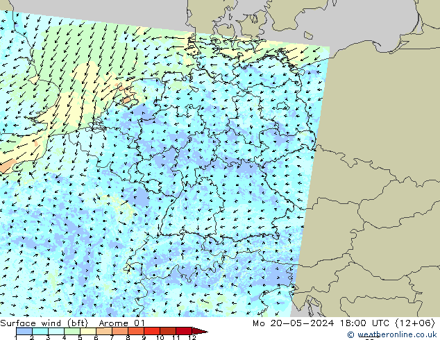 Bodenwind (bft) Arome 01 Mo 20.05.2024 18 UTC
