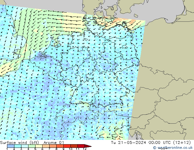 wiatr 10 m (bft) Arome 01 wto. 21.05.2024 00 UTC