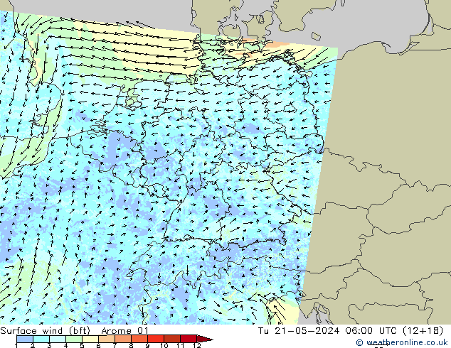Rüzgar 10 m (bft) Arome 01 Sa 21.05.2024 06 UTC