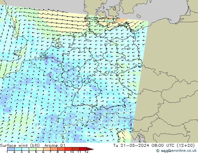 Bodenwind (bft) Arome 01 Di 21.05.2024 08 UTC