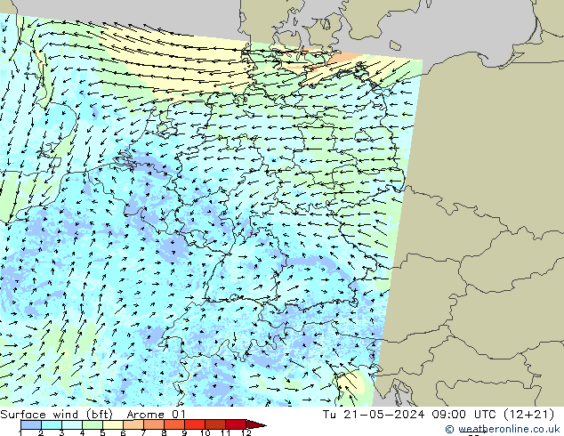 Bodenwind (bft) Arome 01 Di 21.05.2024 09 UTC