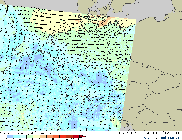 wiatr 10 m (bft) Arome 01 wto. 21.05.2024 12 UTC