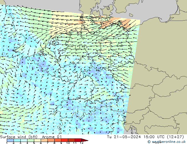 Wind 10 m (bft) Arome 01 di 21.05.2024 15 UTC