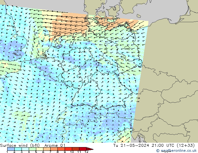 Wind 10 m (bft) Arome 01 di 21.05.2024 21 UTC
