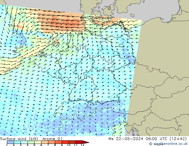 wiatr 10 m (bft) Arome 01 śro. 22.05.2024 06 UTC