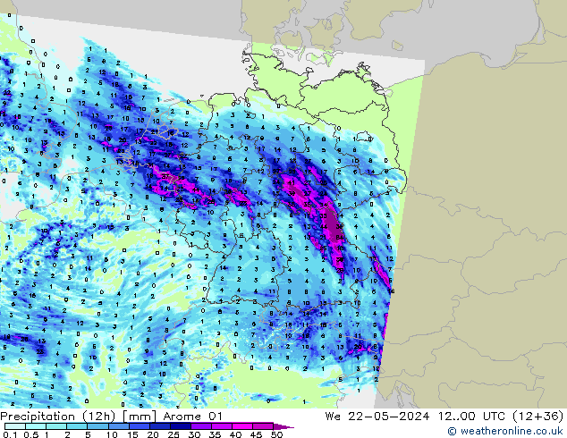 Precipitación (12h) Arome 01 mié 22.05.2024 00 UTC