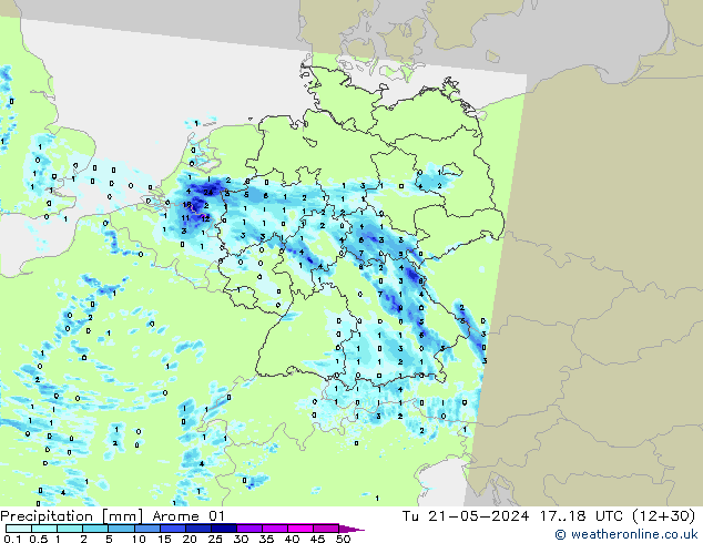 Srážky Arome 01 Út 21.05.2024 18 UTC