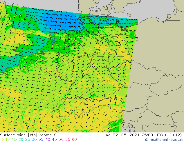 Wind 10 m Arome 01 wo 22.05.2024 06 UTC