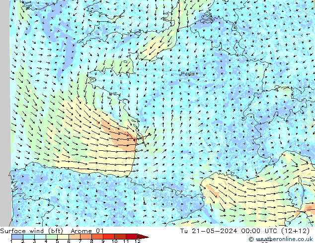 Rüzgar 10 m (bft) Arome 01 Sa 21.05.2024 00 UTC
