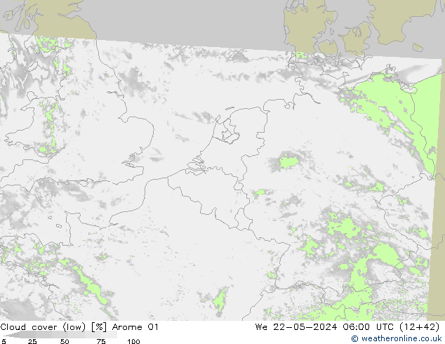 Cloud cover (low) Arome 01 We 22.05.2024 06 UTC