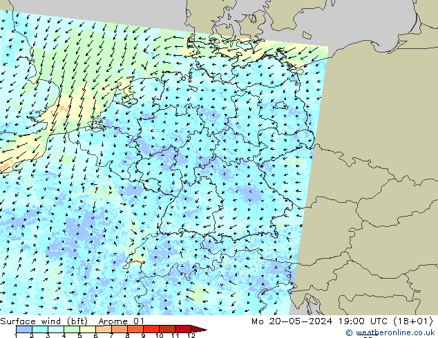 Surface wind (bft) Arome 01 Po 20.05.2024 19 UTC