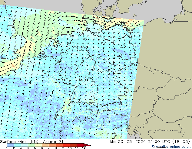 Surface wind (bft) Arome 01 Po 20.05.2024 21 UTC