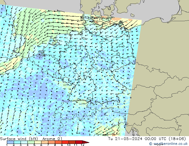 Wind 10 m (bft) Arome 01 di 21.05.2024 00 UTC