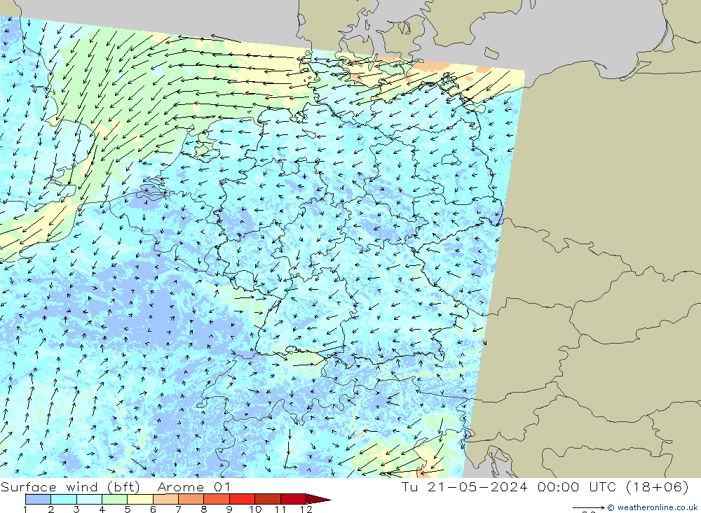 �N 10 米 (bft) Arome 01 星期二 21.05.2024 00 UTC