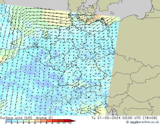 Rüzgar 10 m (bft) Arome 01 Sa 21.05.2024 03 UTC
